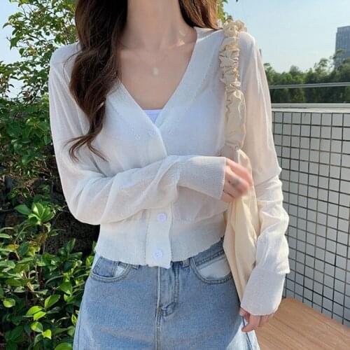 2021 New Summer Korean Sweet Solid Color Shirt Womens Fashion V-Neck Long-Sleeved Button-Casual Knit Cardigan Sunscreen Top