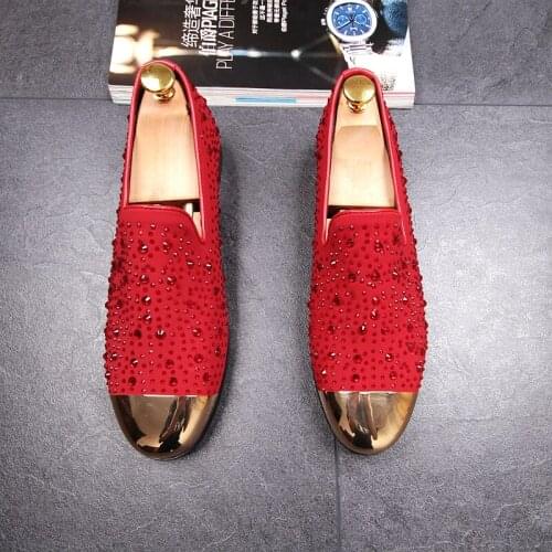 New design mens fashion punk nightclub wear genuine leather shoes breathable rhinestone loafers slip on smoking slippers zapatos