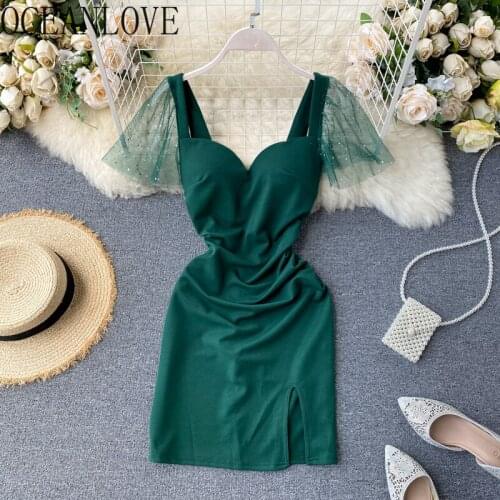 OCEANLOVE Solid Sequined Sexy Party Dresses Solid Mesh High Waist 2021 Spring Summer Vintage Vestidos Korean Robes Femme
