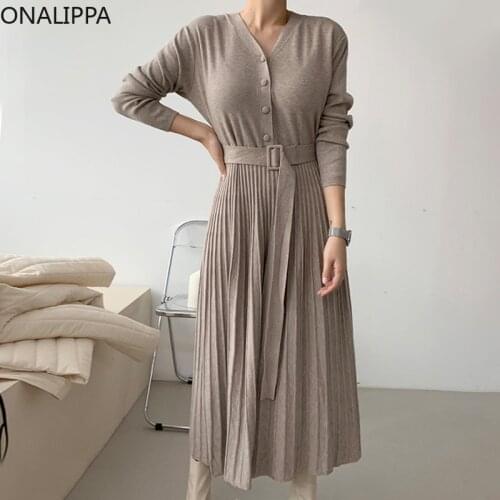 ONALIPPA Women Dress 2021 Autumn Korean Chic Elegant Temperament V-Neck Lace-Up Waist Slimming Design Pleated Knitted Vestidos