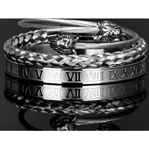 Luxury Set Stainless Steel Bracelet Hip Hop Men Jewelry Wolf Head Charm Open Brangle Carving Roman numerals Pulseira Bileklik
