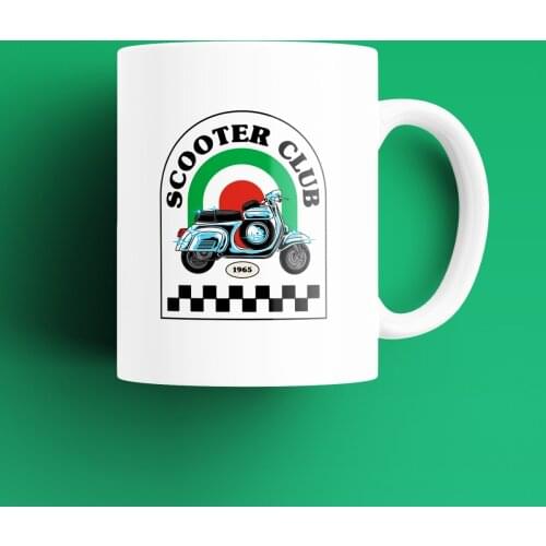 Scooter Club Patterned, Printed White Mug Cup, Porcelain Raw Material, Handle, Gift Product, quality Mug and Printing
