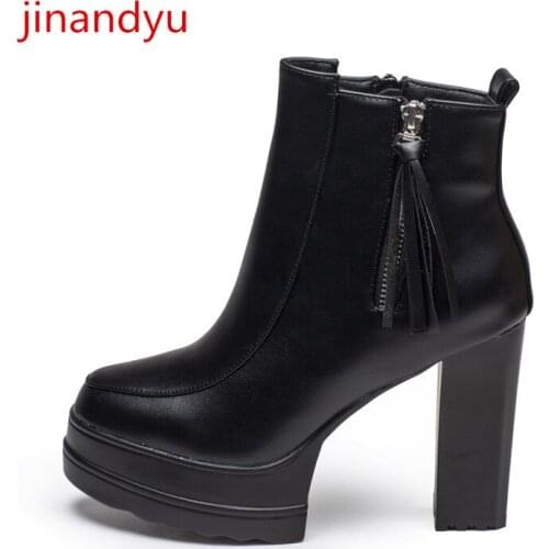 Warm Fashion High Heels Platform Ankle Boots Chunky Heels Women Pumps Black Boots Platforms Sexy Comfy Women Shoes High Heel