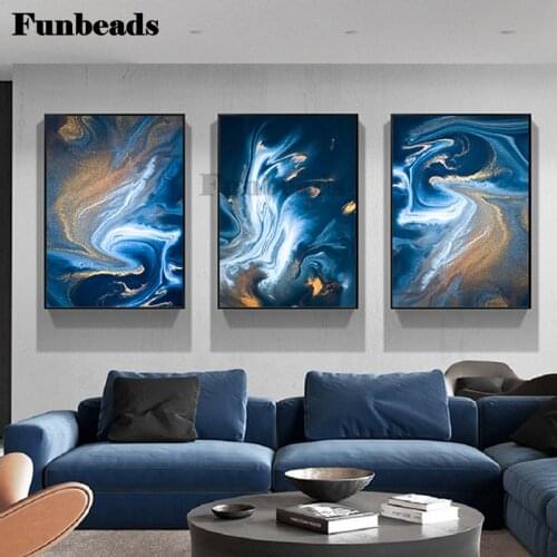 Triptych Diamond Embroidery Abstract Golden Blue Wave Cross Stitch DIY Diamond Painting full Diamond Mosaic Decor New YearFF4048
