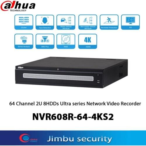 Dahua NVR Video Recorder NVR608R-64-4KS2 2U 8HDDs 4K Simultaneous video output for VGA and HDMI1 Face recognition detection
