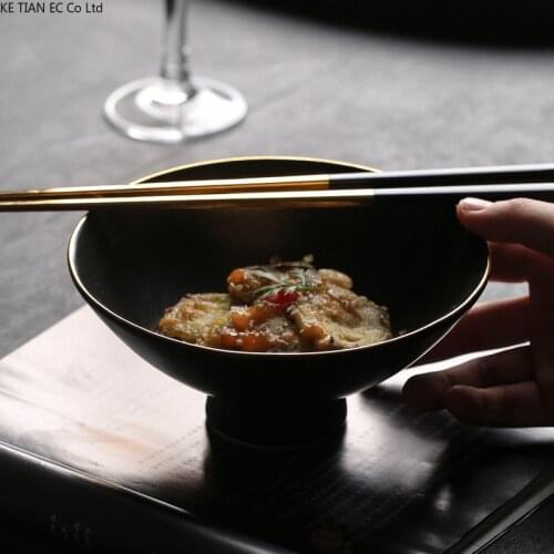 Japanese Ceramic Black Tall Fruit Dessert Plate Household Handmade Ramen Salad Bowl Large Snack Sushi Plate Restaurant Tableware