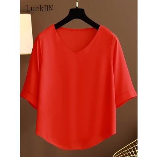 Lady Blouses Casual Half Sleeve V-Neck Loose Style Chiffon Blusas Tops Women 2021 Summer Chiffon Blouses Shirts Large Size 6XL
