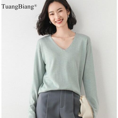 V-Neck Drop-Shoulder Wool Women Solid Color Pullovers 2020 Elasticity Autumn Winter Sweaters Minimalist Female Loose Knit Tops