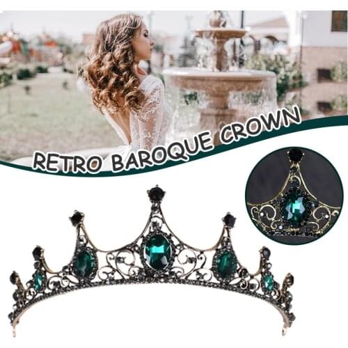 Women Baroque Crown Hair Hoop Women Elegant Big Green Rhinestone Bridal Tiaras Retro Alloy Hair Accessories For Bride Women