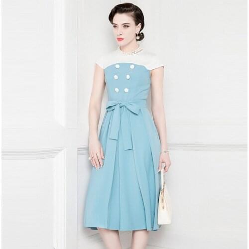 High End Style Hepburn Dress 2021 Summer New Retro Lady Color Matching Medium Length Dress