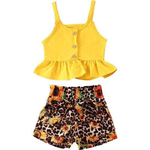 2020 Fashion Girls Clothes Set Summer baby clothes Sleeveless Ruffle T-shirt+Leopard Floral Print Shorts 2Pcs Suit kids Clothes