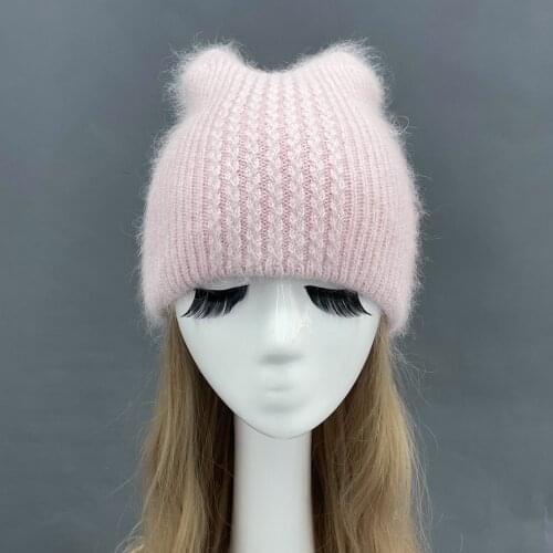 2021 New Women Knitting Beanie Hats With Ear Cute Real Rabbit Cashmere Soft Warm Winter Hats Solid Bling Bling Skullies Beanie
