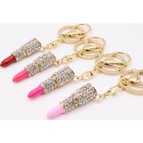 Lipstick key chain lovely party gift for women girls Fashion jewelry metal crystal lipstick keychains bag car accessories key ri