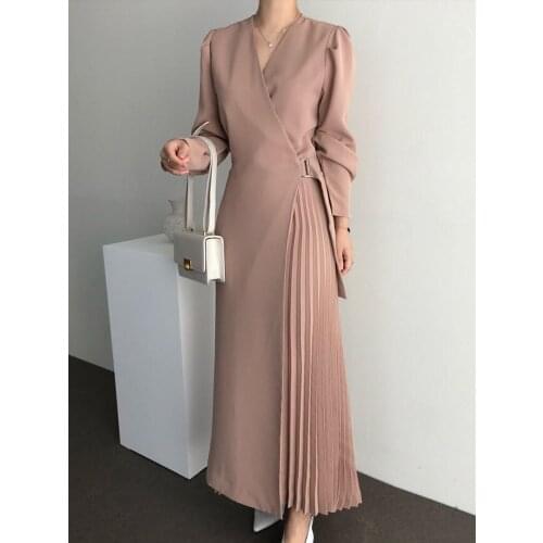 Woman Dress One-Piece Korean Dress V-Neck Long-Sleeved Pleated Dress 2020 Autumn Elegant Office Lady Concise Dress Long Dresses
