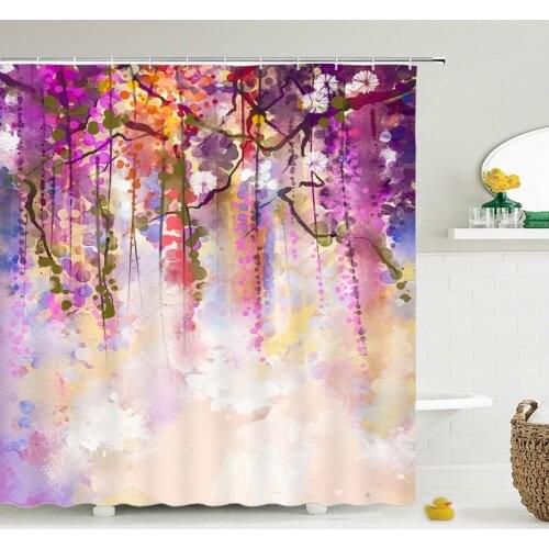 Flower Waterproof Shower Curtain Waterproof Polyester Fabric Bath Bathing Bathroom Curtains with 12 Hooks for Home Decorations