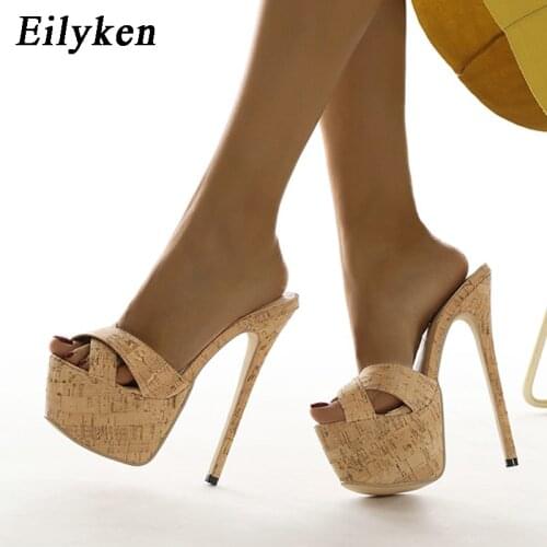 Eilyken 2021 New Super Stiletto Heels Womens Sandal Platform Slipper Sexy Open Toe Ladies Nightclub Shoes Apricot Size 35-42