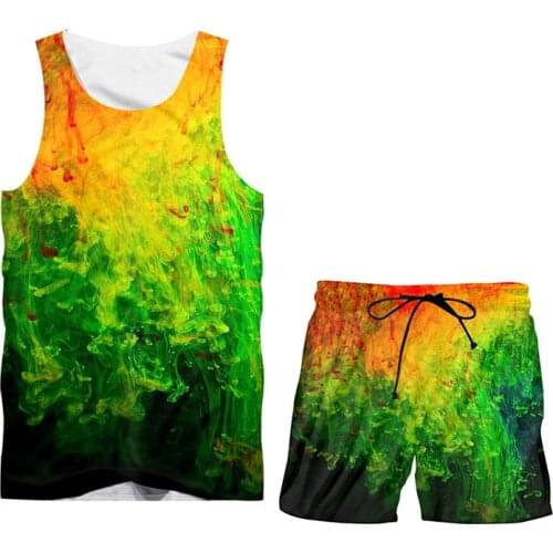 IFPD Plus Size Women 3d Colorful Smoke Print Mens Set Hot Sale Tank Top + Shorts Casual Hip Hop Streetwear Sportswear For Men