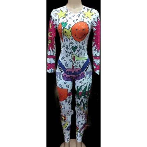 Cartoon Doodle Jumpsuit Outfit Female Singer Performance Party Wear Dance Stage Costume Bodysuit Prom Show Leggings DNV12877