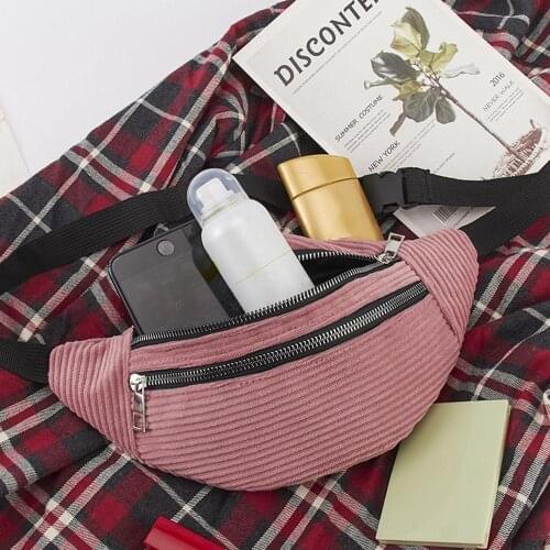 Fashion Solid Colors Women Corduroy Multi Functional Double Zipper Waist Bag Ladies Girls Chic Canvas Chest Crossbody Bag
