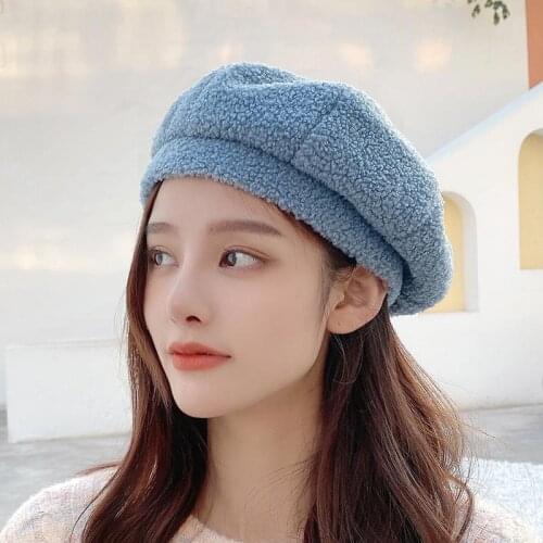 Fashion Winter Hats Women Berets Lamb Hair Velvet Beret Hat Female Solid Color Warm Painter Caps For Ladies