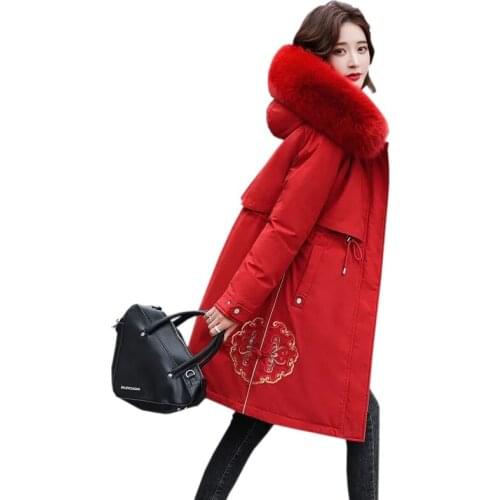 New Large fur collar Embroidered Chinese style Cotton Jackets 2021 Winter Long Padded Down Jacket Women Parkers Thick Warm Coats