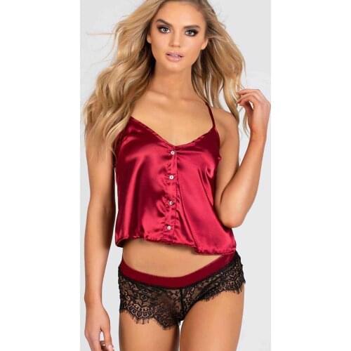 Merry See Ruched Satin Shorts Pajamas Suit Red