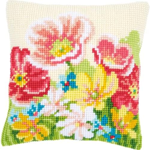 Cross Stitch Cushion Front Flowers Bouquet Needlepoint Kits Printed Canvas Chunky Yarn Cross-stitch Pillow Case Arts & Crafts