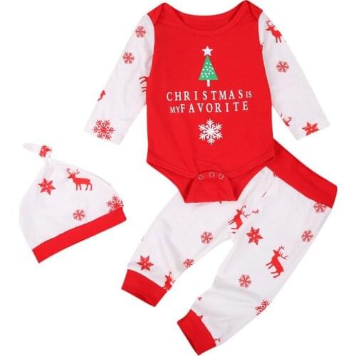 Newborn Baby Christmas Outfits Cute Graphic Printed Long Sleeve Romper Tops+ Long Pants + Hat 3 Piece Set For 0-24M