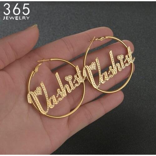 1 Pair Bling Custom Name Hoop Earring Name Personalized Customized Crystal Letter Cubic Zircon Earrings For Women Gift 20-100mm