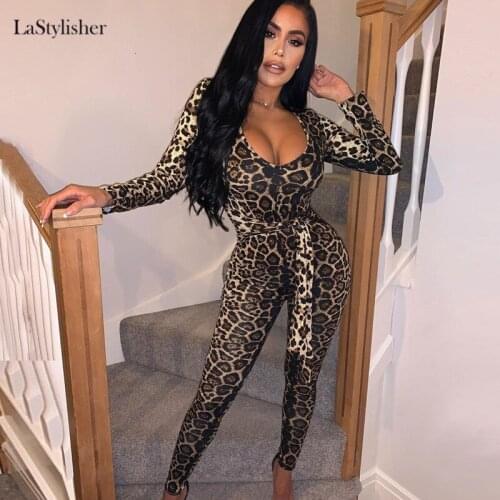 LaStylisher Sexy Leopard Print Women Bodycon Jumpsuit V Neck Long Sleeve Jumpsuits Bandage Slim Playsuits Female Club Outfits