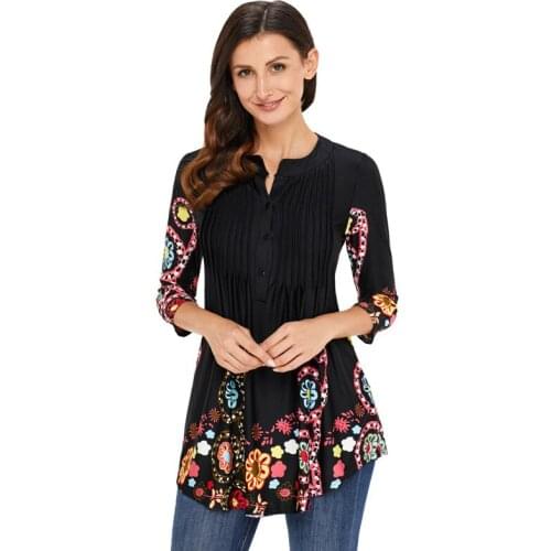 Women Blouse Elegant O Neck 3/4 Sleeve Shirt Casual Flower Shirt Printed Vintage Casual Loose Blusas