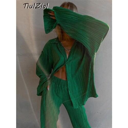 TiulZial Pleated Y2K High Waist Straight Pants Women Summer Long Trousers Cardigan Shirt Sweatpants Capris Pant Bottom Green