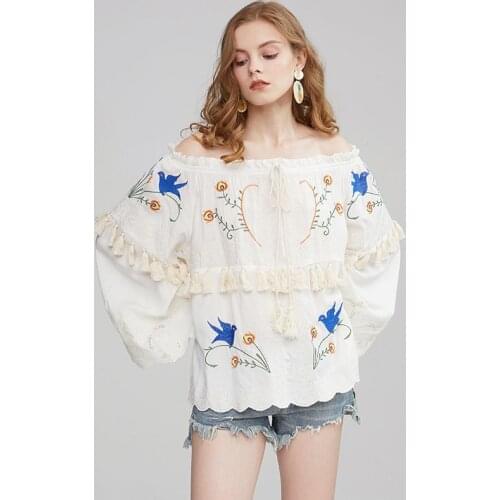 DUISNENA boho long flare sleeve white blouse shirts off shoulder women tops floral embroidery tassel casual mujer camisas blusas