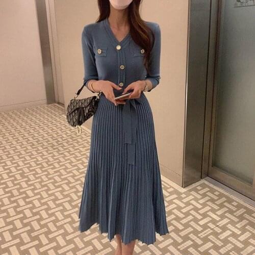 Korean Elegant Knitted Women Dress 3/4 Sleeve V-neck Sashes Long Dresses Vintage Fashion Ladies A-Line Vestidos 2021 Robe Femme