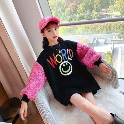 Winter Warm Clothing for Girls Cartoon Letter Sweatshirt Plush Inside Coat Long Jumper Fashion Patchwork Pullover Cotton Sweater