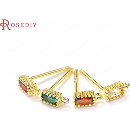 6PCS 3x7MM 24K Gold Color Brass and Zircon 925 Sterling Silver Pins Rectangle Shape Stud Earrings Pins Jewelry Making Supplies