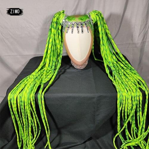 Designer Rhinestone Self style Wig Women Crystal Long Hair Headwear gogo Nightclub Party green Headdress Dancer Stage Accessorie