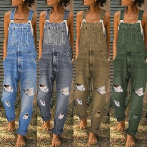 Women Shoulder Strap Ripped Denim Jumpsuit Jeans Long Pants Denim Overalls Sports Womens Casual Jeans Trousers
