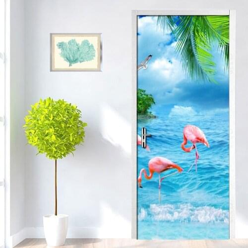Custom Photo Wallpaper Mural 3D Seascape Coconut Tree Flamingos Mural PVC Self-adhesive Door Back Door Sticker Papel De Parede