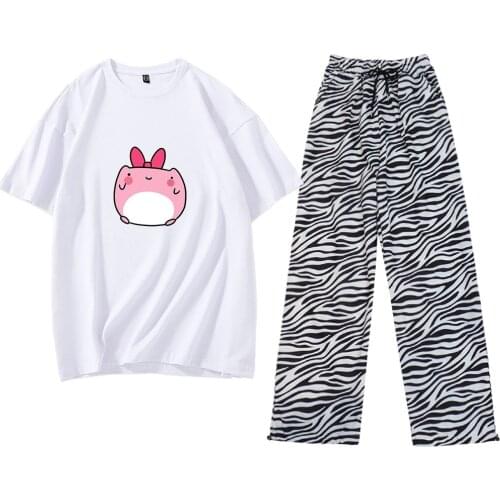 Frog T Shirt Cotton Striped Pants Harajuku Cartoon All-match Two-piece Suits Trousers 90s Aesthetic Loose High Waist Pants Women