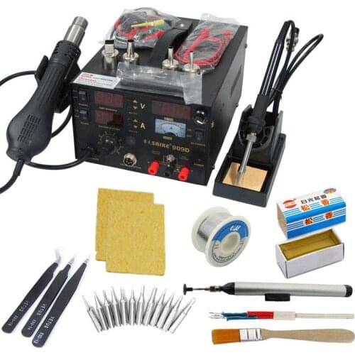 Good Quality Saike 909D 3 In 1 Heat Air Gun Solder Iron Soldering Station + Power Supply+Many Gifts