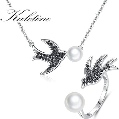 KALETINE 925 Sterling Silver Black Agate Swallows Cute Open Pearl Bird Necklace Ring Set Party Female Lucky Gifts Jewelry Set
