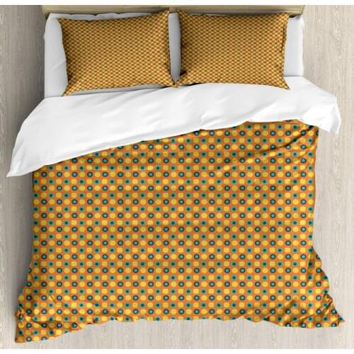 Abstract Duvet Cover Set Retro Style Round Intricate Circles 3 Piece Bedding Set Orange Mustard Seafoam