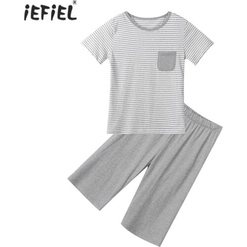 Summer Kids Cotton Tracksuit Outfit Boys Girls Casual Homewear Pajamas Set Short Sleeves Striped T-shirt + Shorts Sleepwear Sets