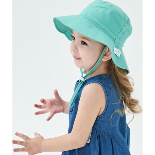 Summer Unisex Kids Solid Color Breathable Anti-UV Wide Brim Chin Strap Sun Hat