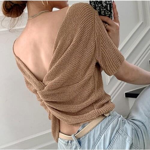 LJSXLS Two Ways To Wear Backless Tshirts Women 2021 Ice Silk Knitted Tops Sexy Thin Short Sleeve T-Shirt Summer Tee Shirt Femme