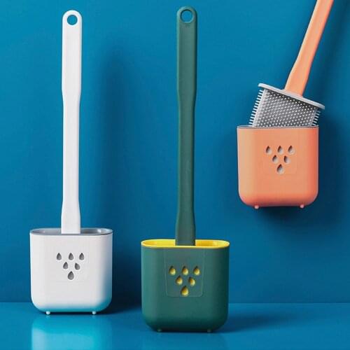 Wall Mount Silicone WC Toilet Brush Flat Head Flexible Soft Bristles Brush with Quick Drying Holder Set Cleaning Accessories