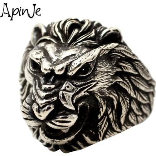 Apinje Vintage Fine 925 Sterling Silver Open Ring for Men Animal Lion Biker Men Jewelry Adjustable Man Rings