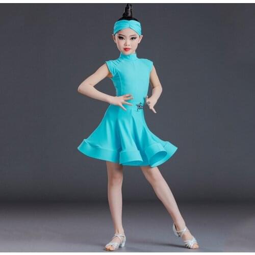 Latin Dance Dress For Girls Blue Slit Top Skirt Children Latin Dancing Practice Costumes Rumba Cha Cha Samba Tango Wear SL4842