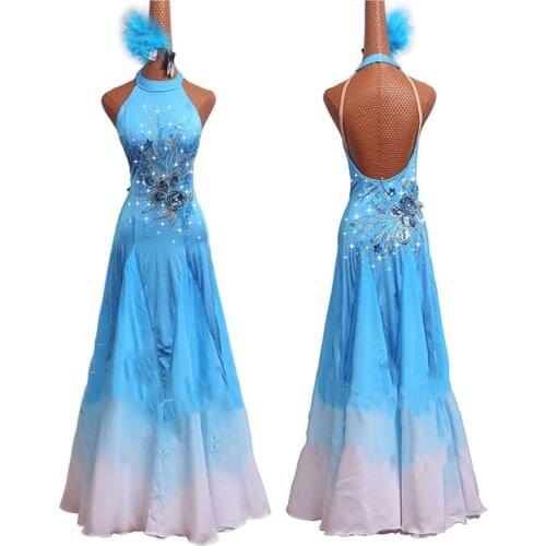 Ballroom Dance Competition Dress Ice Blue Flamenco Performance Wear Embroidered Gradient Dance Skirt Strapless Waltz Dress 4662
